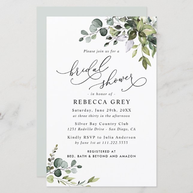 Budget Elegant Greenery Bridal Shower Invitation (Voorkant / Achterkant)