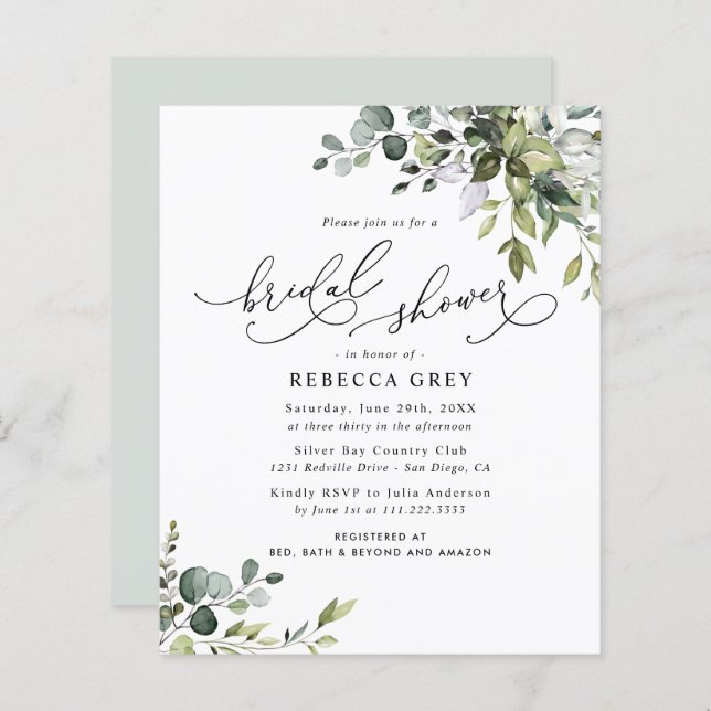 Budget Elegant Greenery Bridal Shower Invitation (Voorkant / Achterkant)