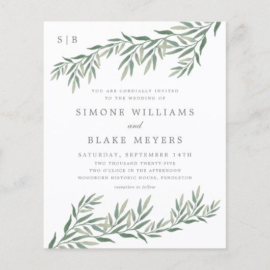Budget Elegant Greenery Foliage Wedding Invitation (Voorkant)