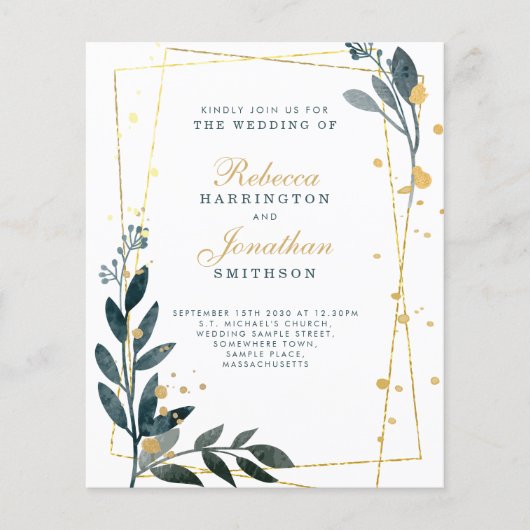 Budget Elegant Greenery Gold Wedding Paper Uitnodi (Voorkant)
