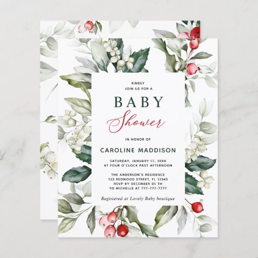 Budget Elegant Holly Greenery Baby shower Flyer (Voorkant / Achterkant)