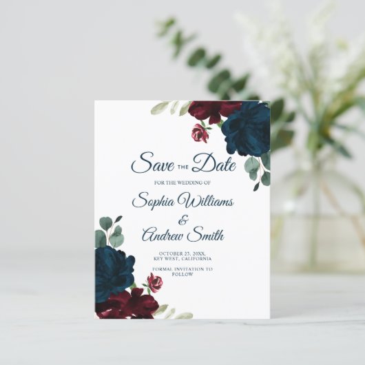 BUDGET Elegant Marsala & Navy Floral Save the Date (Staand voorkant)