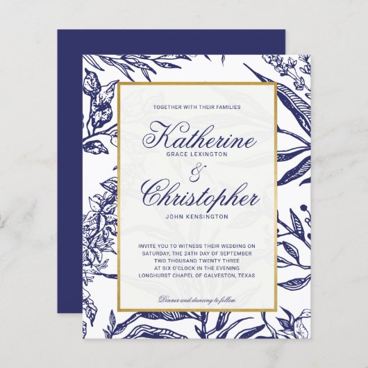 BUDGET Elegant Navy Blue Gold Botanical Weddenscha (Voorkant / Achterkant)