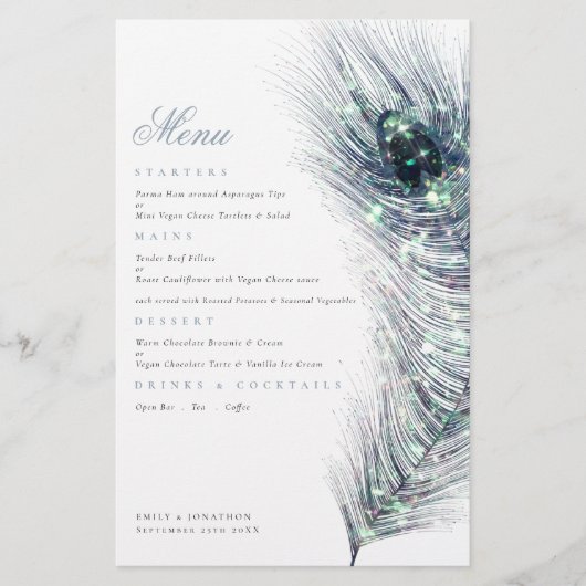 Budget Elegant Peacock Feather Blue Wedding Menu (Devant)