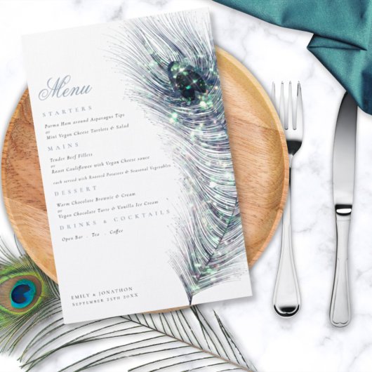 Budget Elegant Peacock Feather Blue Wedding Menu