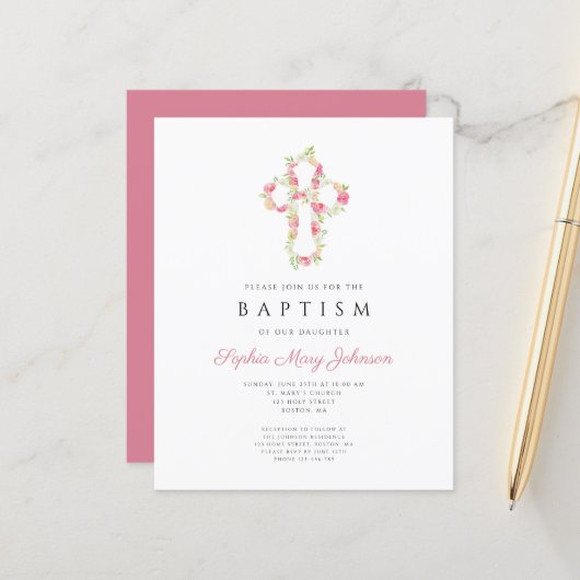 Budget Elegant Pink Floral Cross Baptisme Invite (Voorkant / Achterkant in situ)