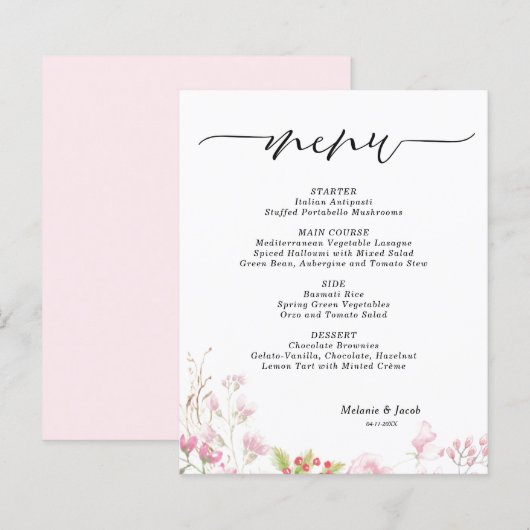 Budget Elegant Pink Floral Flat Menu Card (Voorkant / Achterkant)