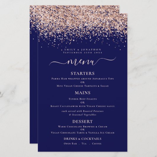 Budget Elegant Roos Gold Glitter Navy Wedding Menu (Voorkant / Achterkant)