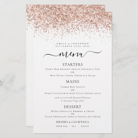 Budget Elegant Roos Gold Glitter WeddenMenu (Voorkant / Achterkant)