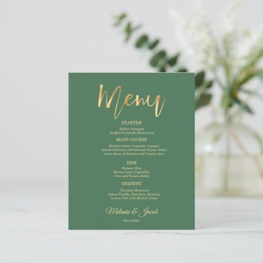 Budget Elegant Sage Green Scripting Gold Menu Kaar (Staand voorkant)