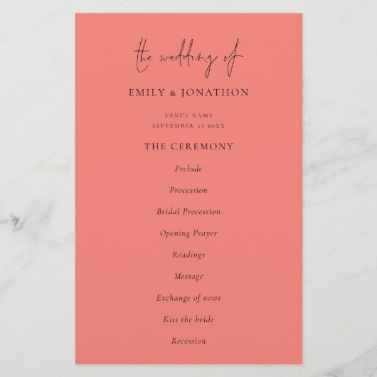 Budget Elegant Script Coral Roos Wedding Programme (Voorkant)