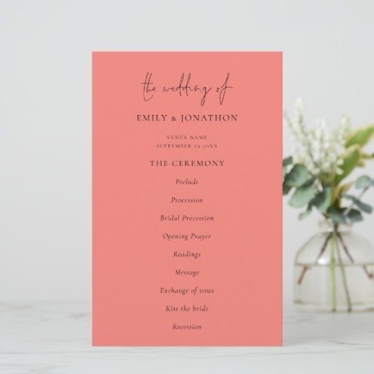 Budget Elegant Script Coral Roos Wedding Programme (Staand voorkant)