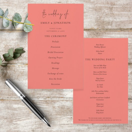 Budget Elegant Script Coral Roos Wedding Programme