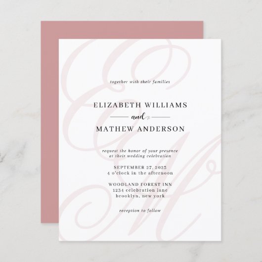 Budget Elegant Script Dusty Roze Monogram Bruiloft (Voorkant / Achterkant)