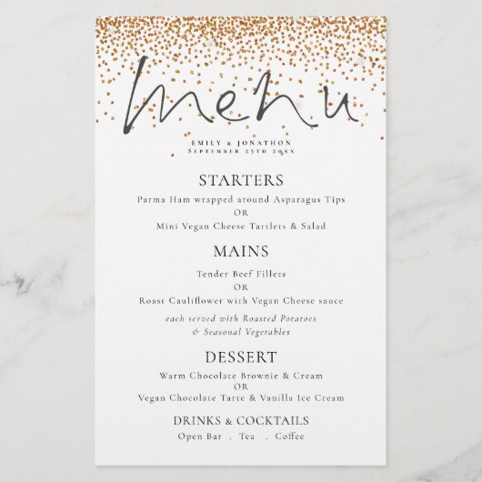 Budget Elegant Script Gold Glitter WeddenMenu (Voorkant)