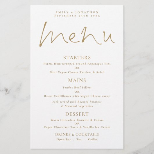 Budget Elegant Script Gold White Weduwmenu (Voorkant)