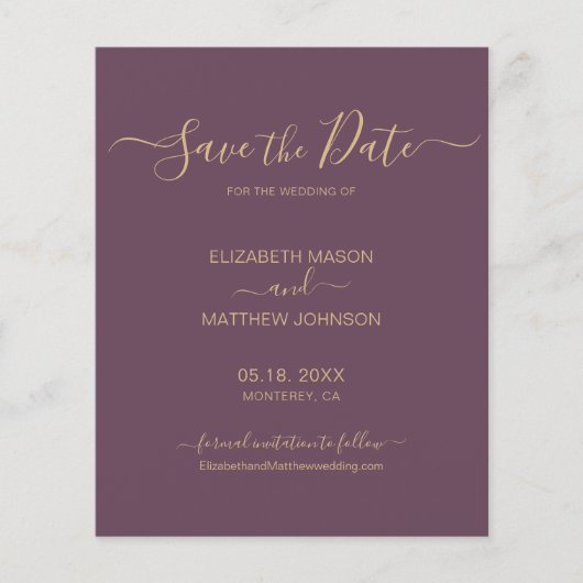 Budget Elegant Script Mauve and Gold Save the Date Flyer (Voorkant)