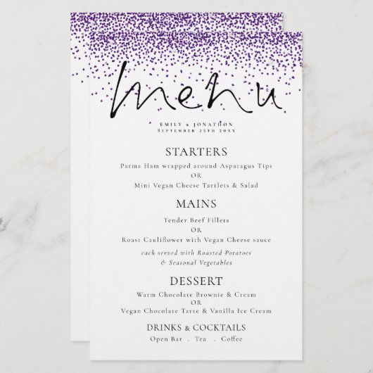 Budget Elegant Script Paars Glitter Wedding Menu (Voorkant / Achterkant)