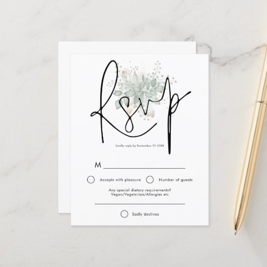 Budget Elegant Script Sage Gold Foliage RSVP (Voorkant / Achterkant in situ)