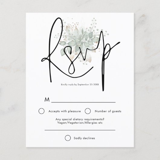 Budget Elegant Script Sage Gold Foliage RSVP (Voorkant)