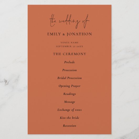Budget Elegant Text Terracotta Wedding Programme (Voorkant)