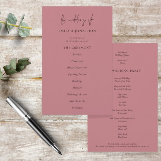 Budget Élégant Texte Dusty Rose Wedding Programme