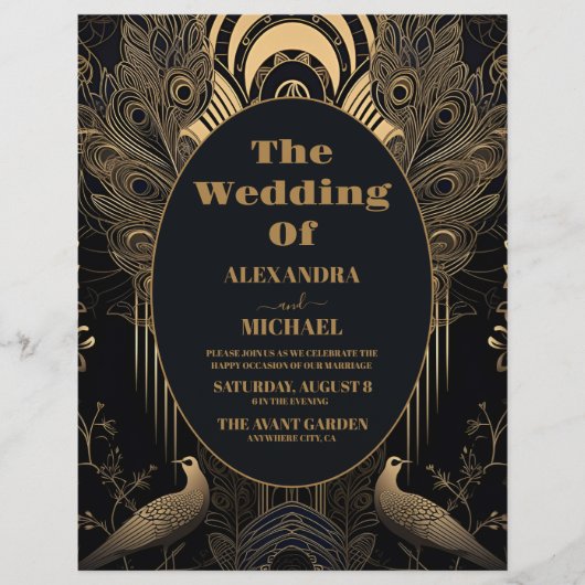 Budget Elegante Art Deco Peacocks Bruiloft Flyer (Voorkant)