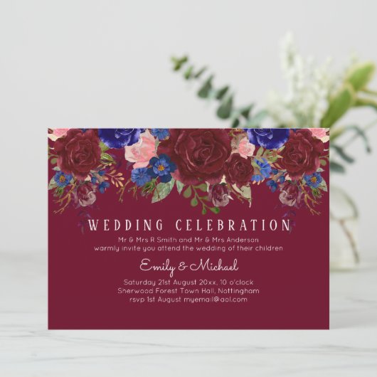 BUDGET Elegante rood-wijnblauwe bloemige trouw uit Kaart (Staand voorkant)