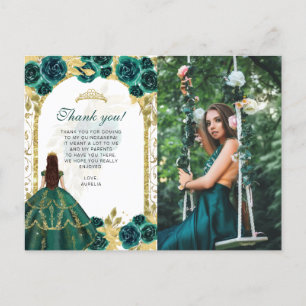 Budget Elegante Smaragd Bloemige Foto Quinceañera Briefkaart