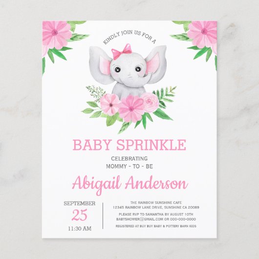 BUDGET Elephant Baby Sprinkle Floral Invitation (Voorkant)