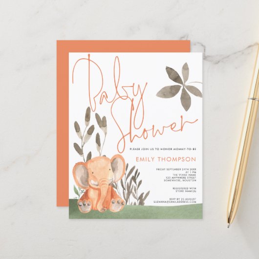 Budget Elephant Coral Baby shower Invitation (Voorkant / Achterkant in situ)