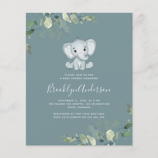 BUDGET Elephant Eucalyptus Baby shower Uitnodiging (Voorkant)