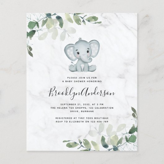 BUDGET Elephant Eucalyptus Baby shower Uitnodiging (Voorkant)