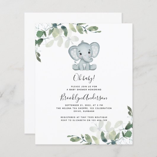 BUDGET Elephant Eucalyptus Baby shower Uitnodiging (Voorkant / Achterkant)