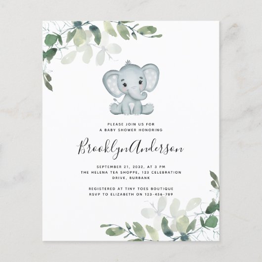 BUDGET Elephant Eucalyptus Baby shower Uitnodiging (Voorkant)