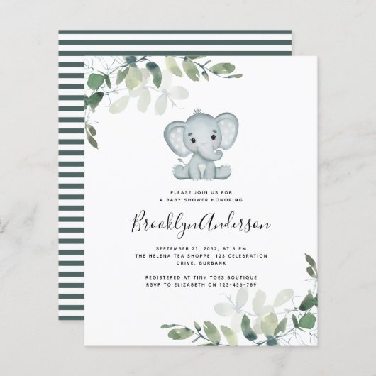 BUDGET Elephant Eucalyptus Baby shower Uitnodiging (Voorkant / Achterkant)