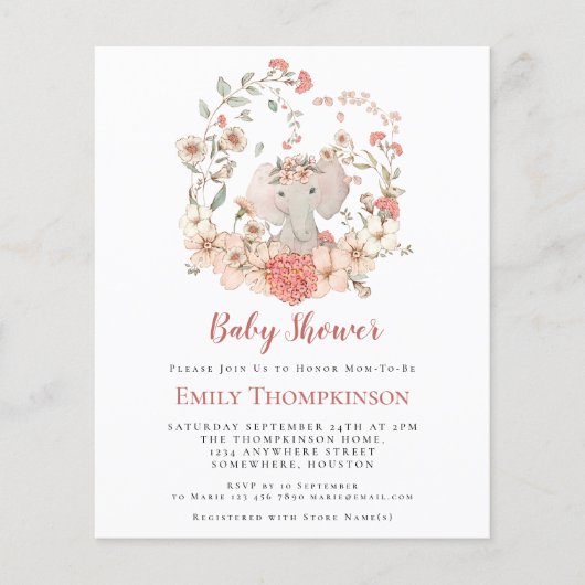 Budget Elephant Foliage Peach Baby shower nodigt u (Voorkant)