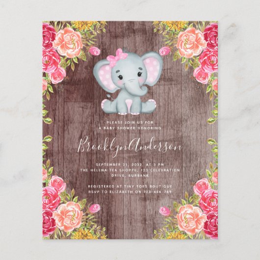 BUDGET Elephant Girl Baby shower Invitation (Voorkant)