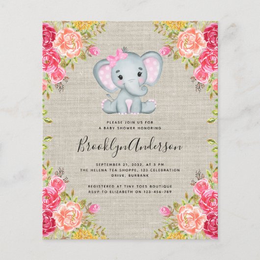 BUDGET Elephant Girl Baby shower Invitation (Voorkant)