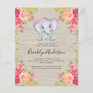BUDGET Elephant Girl Baby shower Invitation
