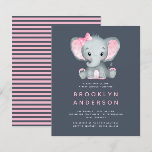BUDGET Elephant Girl Baby shower Invitation (Voorkant / Achterkant)