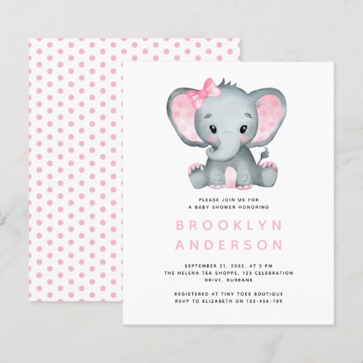 BUDGET Elephant Girl Baby shower Invitation (Voorkant / Achterkant)