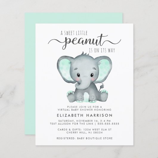 Budget Elephant Mint Virtueel Baby shower nodigt u (Voorkant / Achterkant)