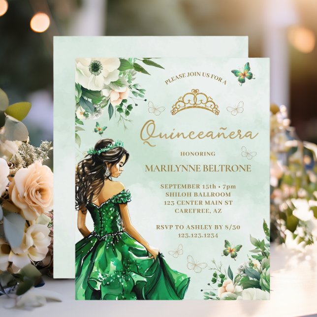 Budget Emerald Floral Jurk Butterfly Quinceañera (Creator heeft geüpload)