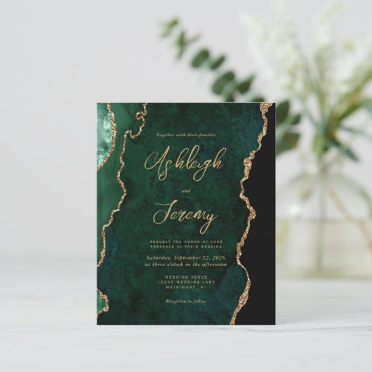 Budget Emerald Green Agate Script Wedding Invite (Staand voorkant)