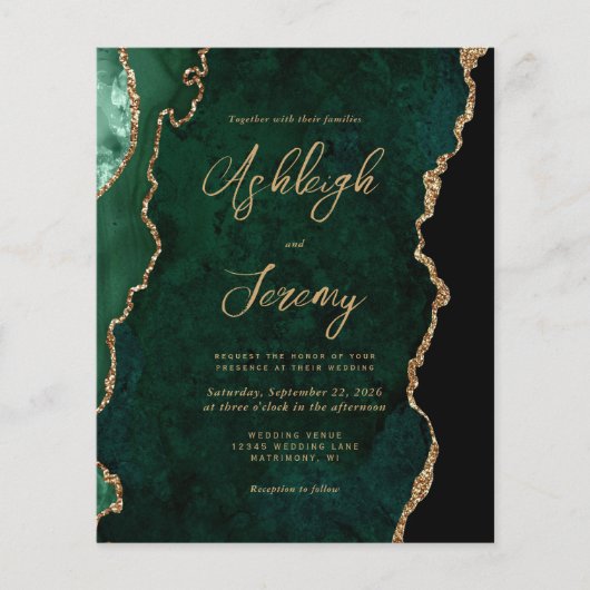Budget Emerald Green Agate Script Wedding Invite (Voorkant)