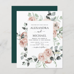 Budget Emerald Green Floral Wedding Invitation