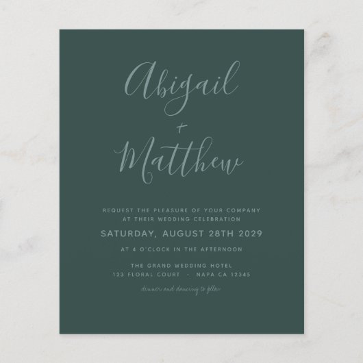Budget Emerald Green Minimalist Wedding Invitation Flyer (Voorkant)