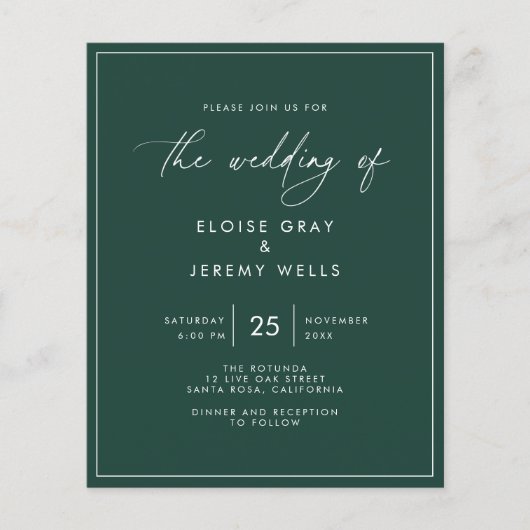 Budget Emerald Green Wedding Invitation Flyer (Voorkant)