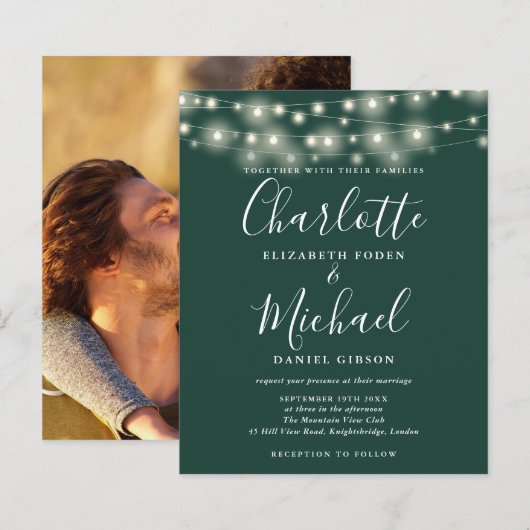 Budget Emerald Lights Foto Uitnodiging voor bruilo (Voorkant / Achterkant)
